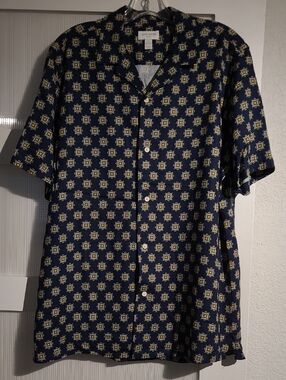 Club Room Navy Short-Sleeve Button-Down Shirt with Gold Geometric Print